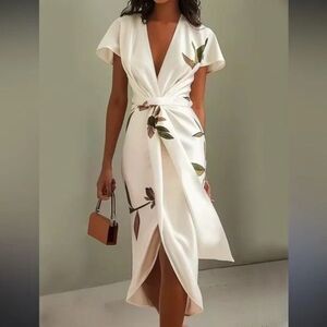 FEHAUTE White Leaf Short Sleeve Satin Wrap Sheath Midi Dress SZ 6